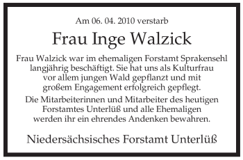 Traueranzeige von Inge Walzick von ALLGEMEINE ZEITUNG UELZEN