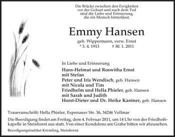 Traueranzeige von Emmy Hansen von ALLGEMEINE ZEITUNG UELZEN