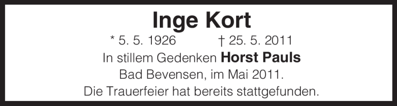  Traueranzeige für Inge Kort vom 31.05.2011 aus ALLGEMEINE ZEITUNG UELZEN