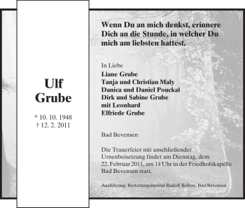 Traueranzeige von Ulf Grube von ALLGEMEINE ZEITUNG UELZEN