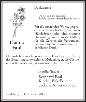 Traueranzeige von Hanna Faul von ALLGEMEINE ZEITUNG UELZEN