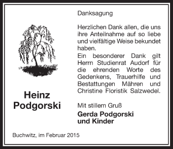 Traueranzeige von Heinz Podgorski von Uelzen