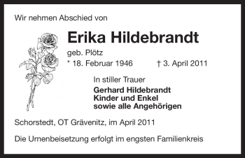 Traueranzeige von Erika Hildebrandt von ALLGEMEINE ZEITUNG UELZEN