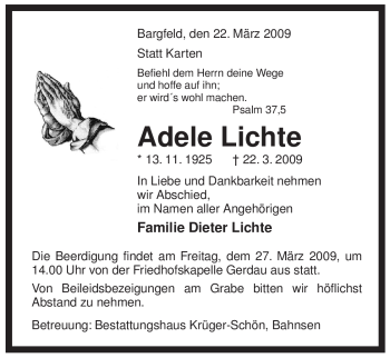 Traueranzeige von Adele Lichte von ALLGEMEINE ZEITUNG UELZEN