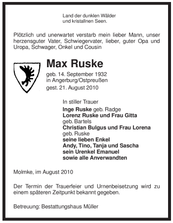 Traueranzeige von Max Ruske von ALLGEMEINE ZEITUNG UELZEN