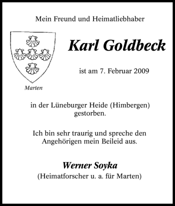 Traueranzeige von Karl Goldbeck von ALLGEMEINE ZEITUNG UELZEN