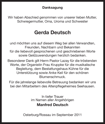 Traueranzeige von Gerda Deutsch von ALLGEMEINE ZEITUNG UELZEN