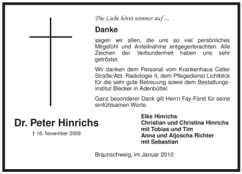 Traueranzeige von Peter Hinrichs von ALLGEMEINE ZEITUNG UELZEN