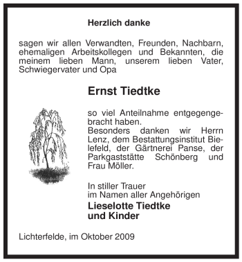 Traueranzeige von Ernst Tiedtke von ALLGEMEINE ZEITUNG UELZEN