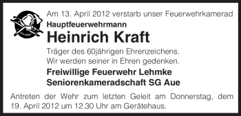 Traueranzeige von Heinrich Kraft von ALLGEMEINE ZEITUNG UELZEN