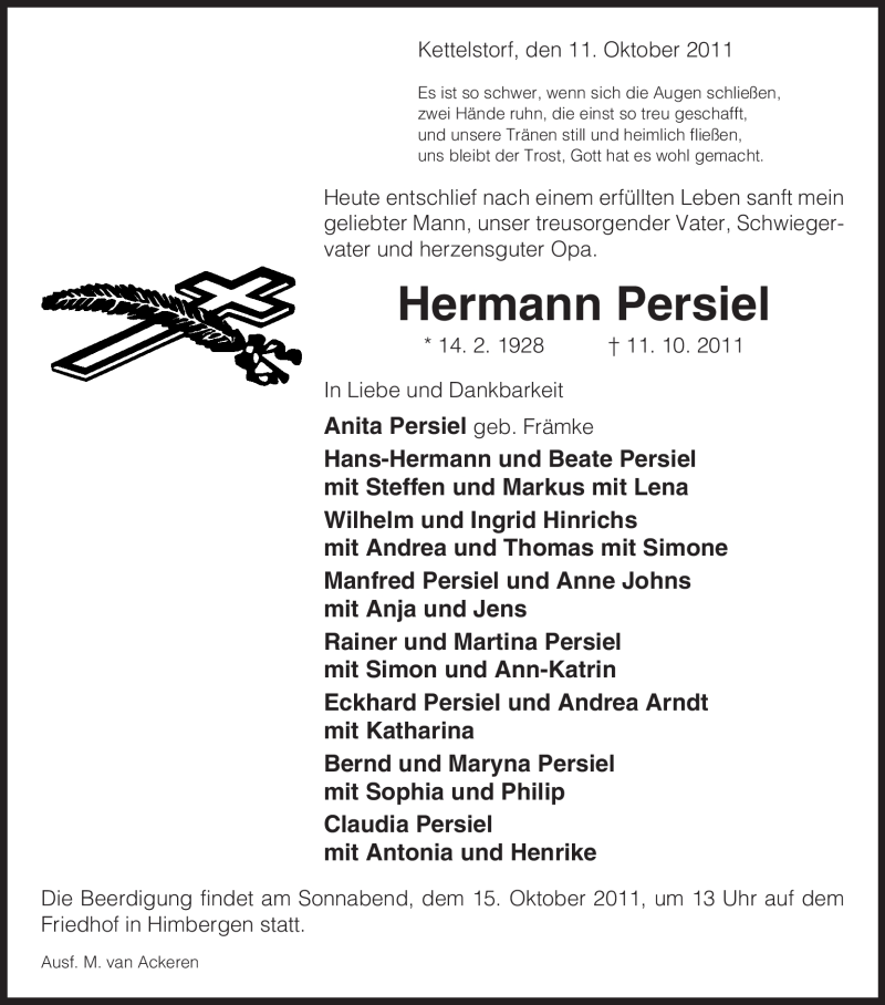  Traueranzeige für Hermann Persiel vom 13.10.2011 aus ALLGEMEINE ZEITUNG UELZEN