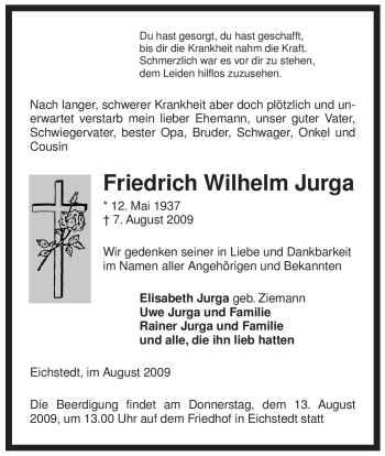 Traueranzeige von Friedrich Wilhelm Jurga von ALLGEMEINE ZEITUNG UELZEN