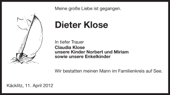 Traueranzeige von Dieter Klose von ALLGEMEINE ZEITUNG UELZEN