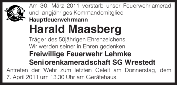 Traueranzeige von Harald Maasberg von ALLGEMEINE ZEITUNG UELZEN