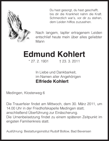 Traueranzeige von Edmund Kohlert von ALLGEMEINE ZEITUNG UELZEN