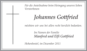 Traueranzeige von Johannes Gottfried von ALLGEMEINE ZEITUNG UELZEN