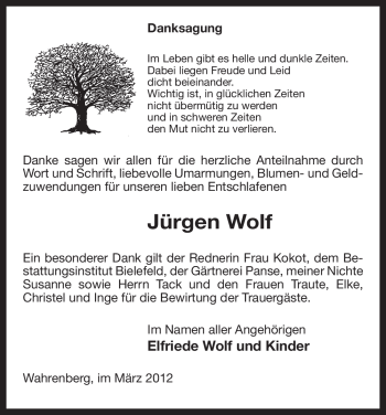 Traueranzeige von Jürgen Wolf von ALLGEMEINE ZEITUNG UELZEN