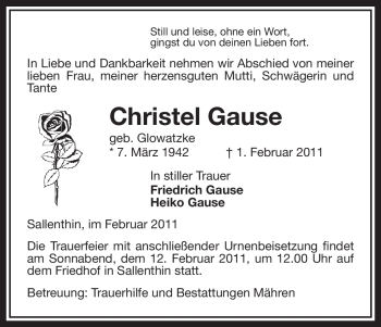 Traueranzeige von Christel Gause von ALLGEMEINE ZEITUNG UELZEN