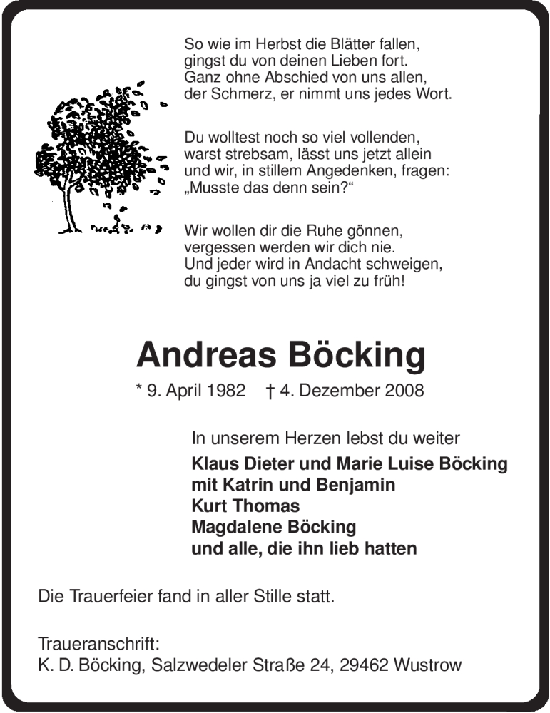  Traueranzeige für Andreas Böcking vom 15.12.2008 aus ALLGEMEINE ZEITUNG UELZEN