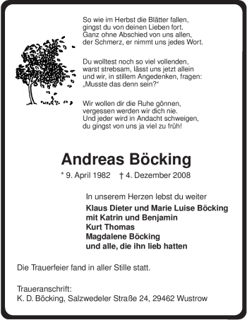 Traueranzeige von Andreas Böcking von ALLGEMEINE ZEITUNG UELZEN