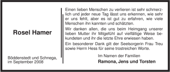 Traueranzeige von Rosel Hamer von ALLGEMEINE ZEITUNG UELZEN