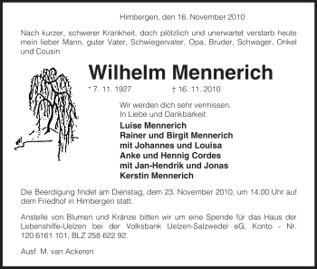 Traueranzeige von Wilhelm Mennerich von ALLGEMEINE ZEITUNG UELZEN