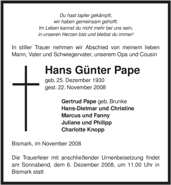 Traueranzeige von Hans Günter von ALLGEMEINE ZEITUNG UELZEN