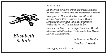 Traueranzeige von Elisabeth Schulz von ALLGEMEINE ZEITUNG UELZEN