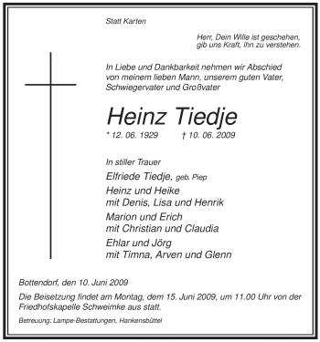 Traueranzeige von Heinz Tiedje von ALLGEMEINE ZEITUNG UELZEN