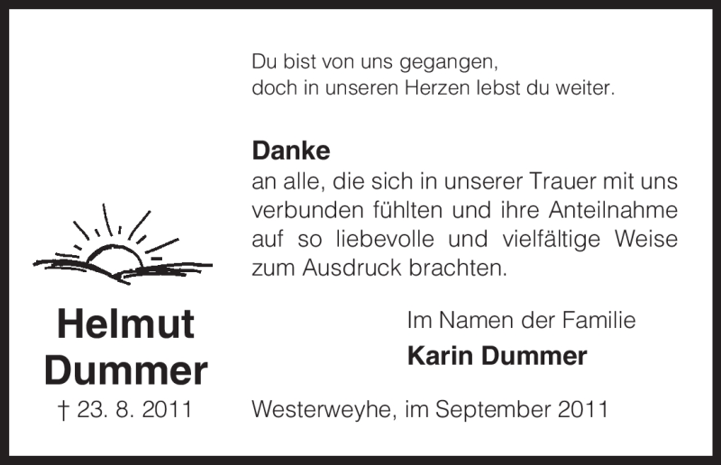  Traueranzeige für Helmut Dummer vom 17.09.2011 aus ALLGEMEINE ZEITUNG UELZEN