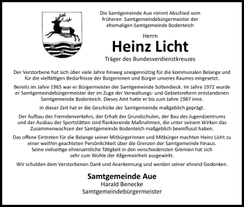 Traueranzeige von Heinz Licht von ALLGEMEINE ZEITUNG UELZEN