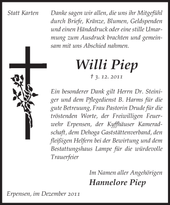 Traueranzeige von Willi Piep von ALLGEMEINE ZEITUNG UELZEN