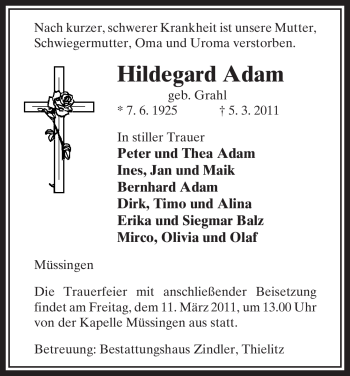 Traueranzeige von Hildegard Adam von ALLGEMEINE ZEITUNG UELZEN