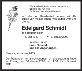 Traueranzeige von Edelgard Schmidt von ALLGEMEINE ZEITUNG UELZEN