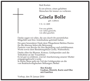 Traueranzeige von Gisela Bolle von ALLGEMEINE ZEITUNG UELZEN