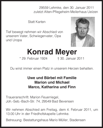 Traueranzeige von Konrad Meyer von ALLGEMEINE ZEITUNG UELZEN