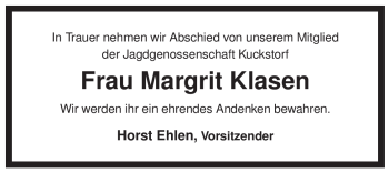 Traueranzeige von Margrit Klasen von ALLGEMEINE ZEITUNG UELZEN