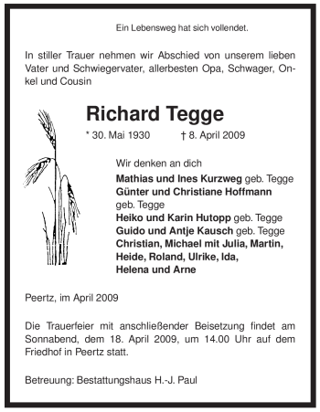 Traueranzeige von Richard Tegge von ALLGEMEINE ZEITUNG UELZEN