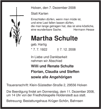 Traueranzeige von Martha Schulte von ALLGEMEINE ZEITUNG UELZEN