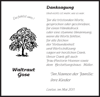 Traueranzeige von Waltraut Gose von ALLGEMEINE ZEITUNG UELZEN