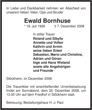 Traueranzeige von Ewald Bornhuse von ALLGEMEINE ZEITUNG UELZEN