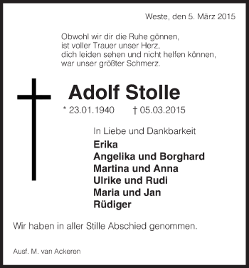 Traueranzeige von Adolf Stolle von Uelzen