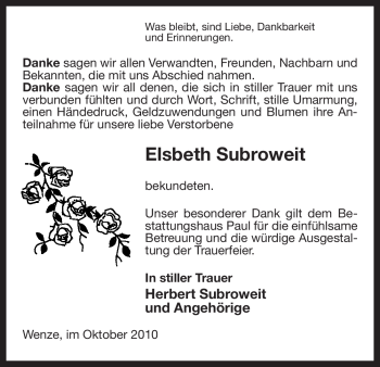 Traueranzeige von Elsbeth Subroweit von ALLGEMEINE ZEITUNG UELZEN