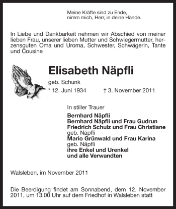 Traueranzeige von Elisabeth Näpfli von ALLGEMEINE ZEITUNG UELZEN