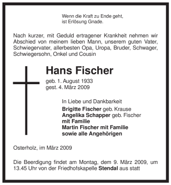 Traueranzeige von Hans Fischer von ALLGEMEINE ZEITUNG UELZEN