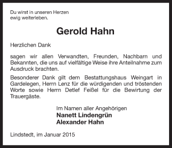 Traueranzeige von Gerold Hahn von Uelzen