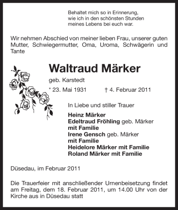 Traueranzeige von Waltraud Märker von ALLGEMEINE ZEITUNG UELZEN