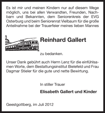 Traueranzeige von Reinhard Gallert von ALLGEMEINE ZEITUNG UELZEN