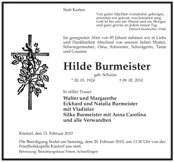 Traueranzeige von Hilde Burmeister von ALLGEMEINE ZEITUNG UELZEN