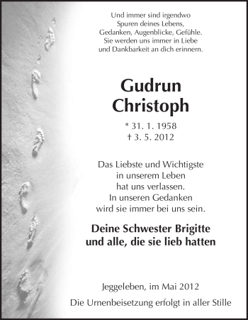 Traueranzeige von Gudrun Christoph von ALLGEMEINE ZEITUNG UELZEN